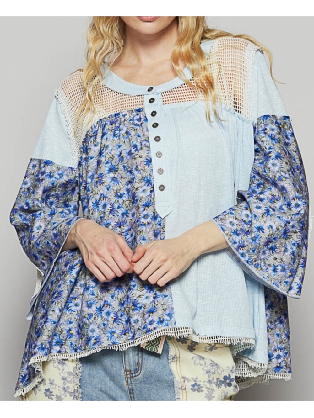 New: POL Light Blue Floral Patchwork Boho Crochet Detail Henley Style Top• Small